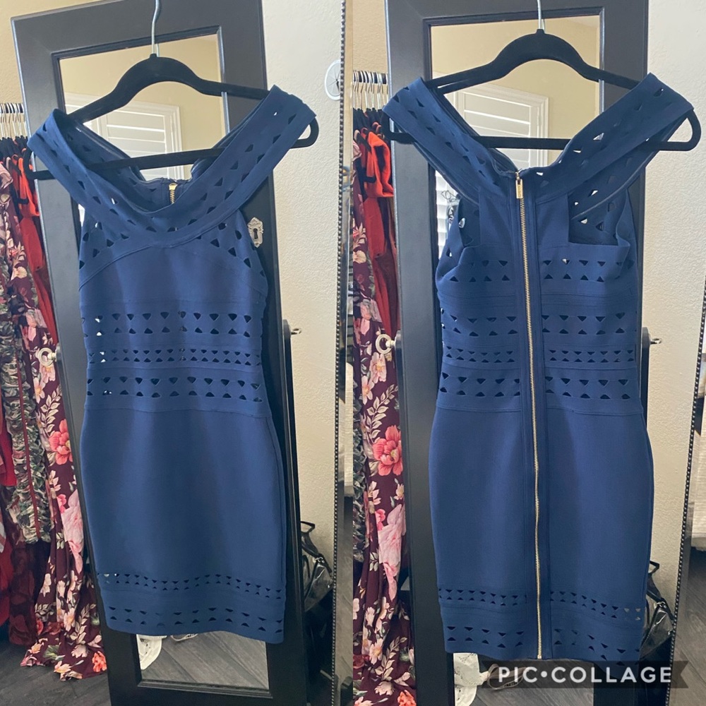 Off the shoulders blue bandage dress